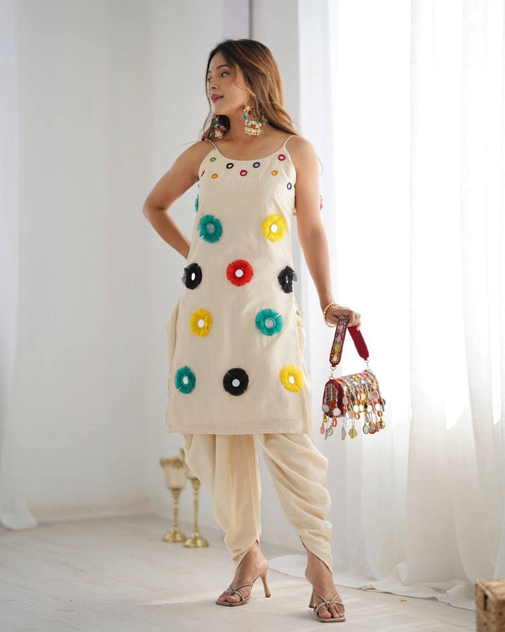 Traditional Khadi Cotton Dhoti Kurta with Mirror Khatli Work