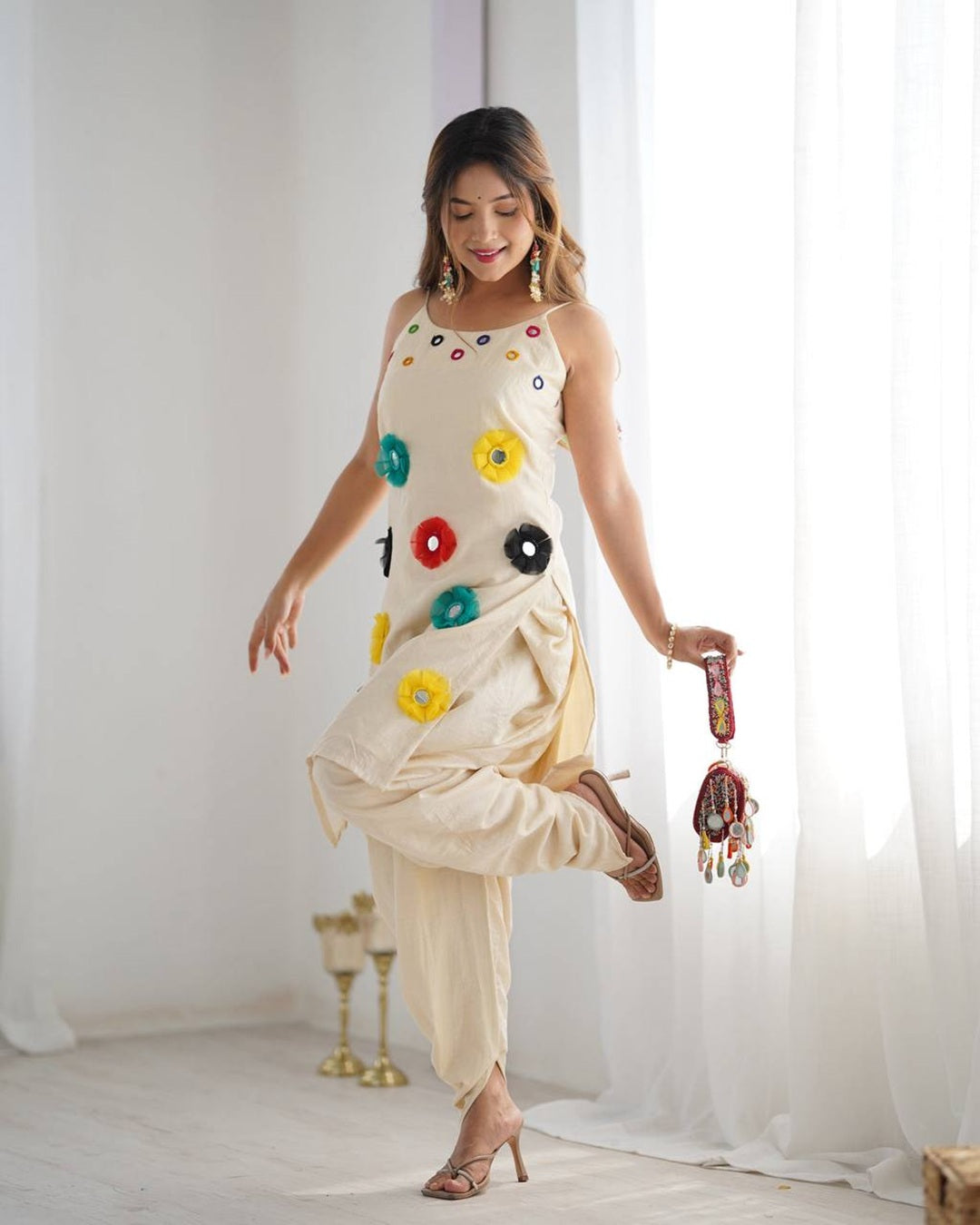Traditional Khadi Cotton Dhoti Kurta with Mirror Khatli Work