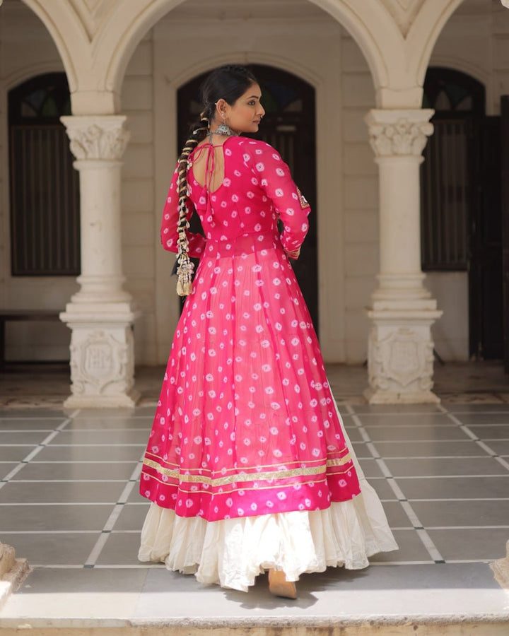 Traditional Pink Bandhani Kurti with Cotton Lehenga