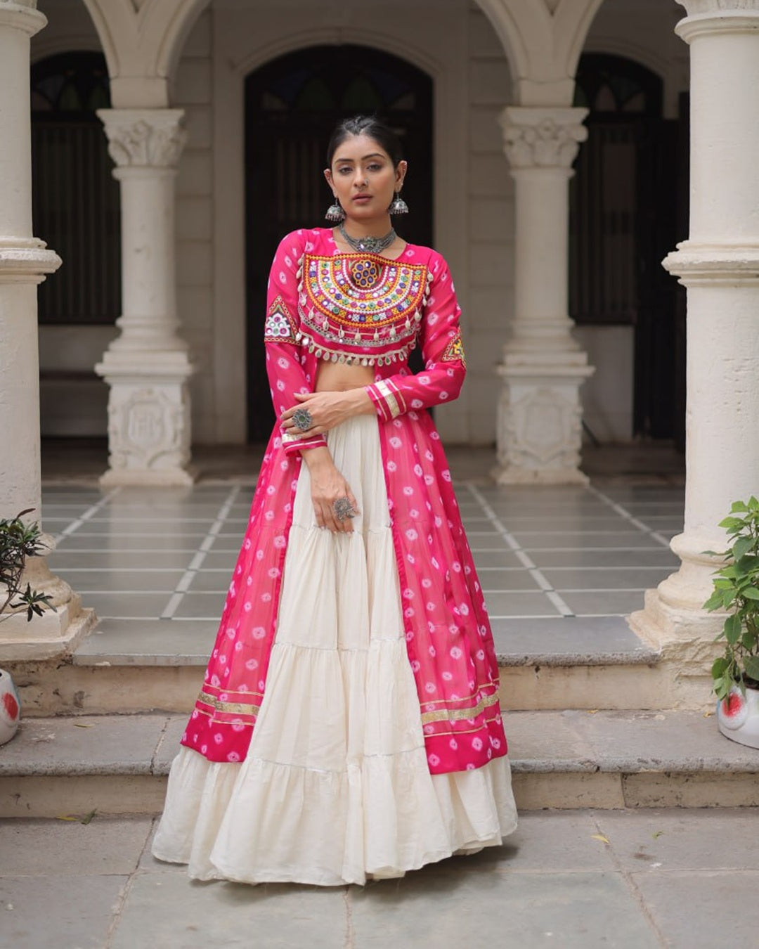 Traditional Pink Bandhani Kurti with Cotton Lehenga
