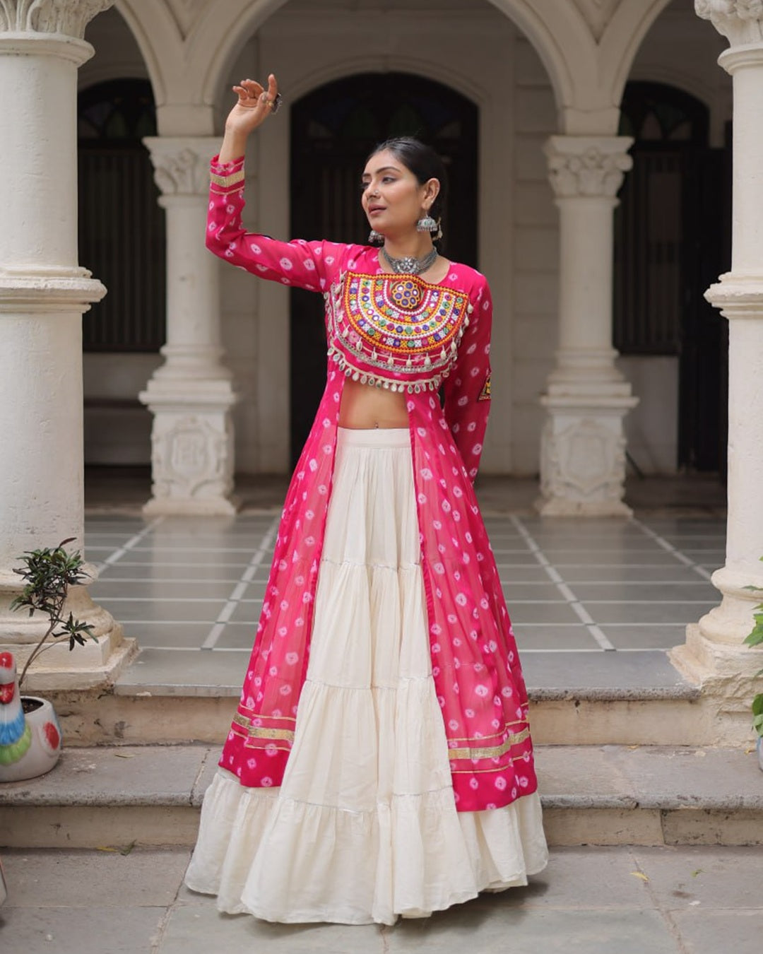 Traditional Pink Bandhani Kurti with Cotton Lehenga