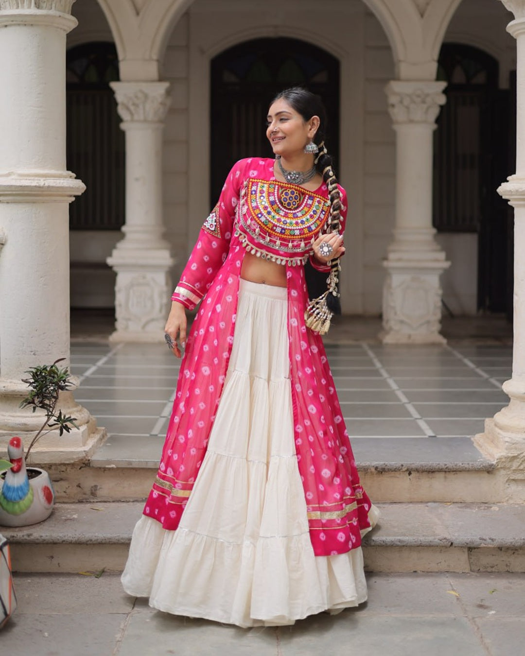 Traditional Pink Bandhani Kurti with Cotton Lehenga