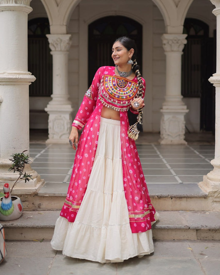 Traditional Pink Bandhani Kurti with Cotton Lehenga