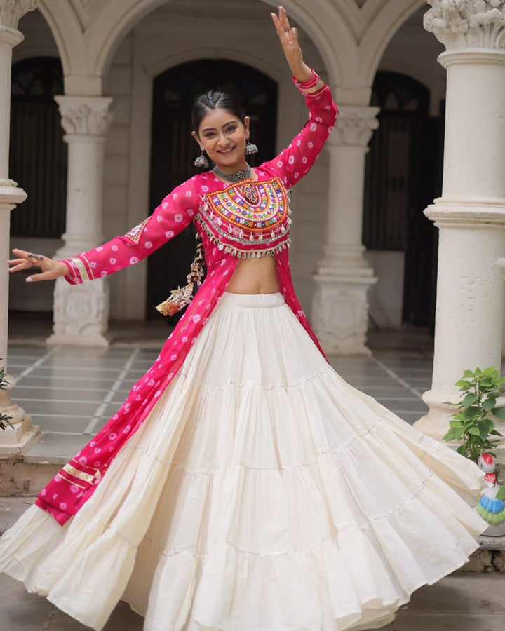 Traditional Pink Bandhani Kurti with Cotton Lehenga