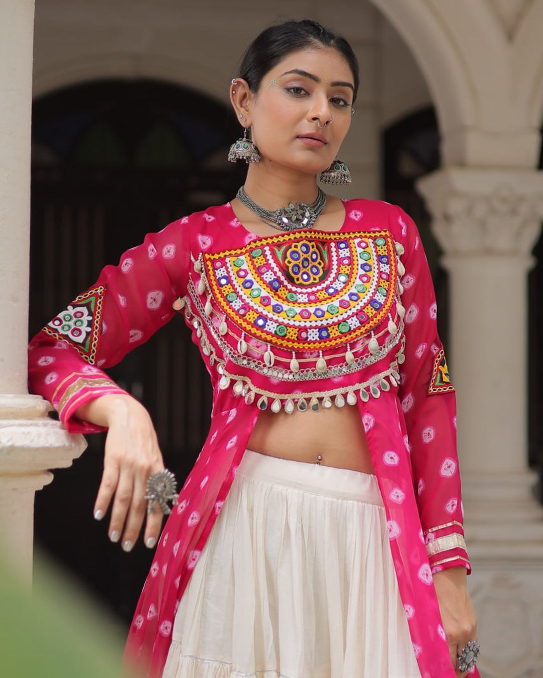 Traditional Pink Bandhani Kurti with Cotton Lehenga
