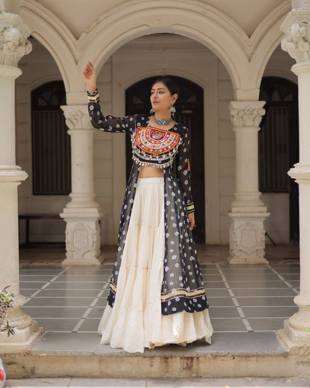 Traditional Black Bandhani Kurti & Cotton Lehenga Set