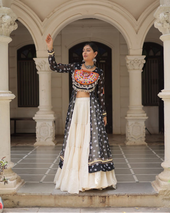 Traditional Black Bandhani Kurti & Cotton Lehenga Set