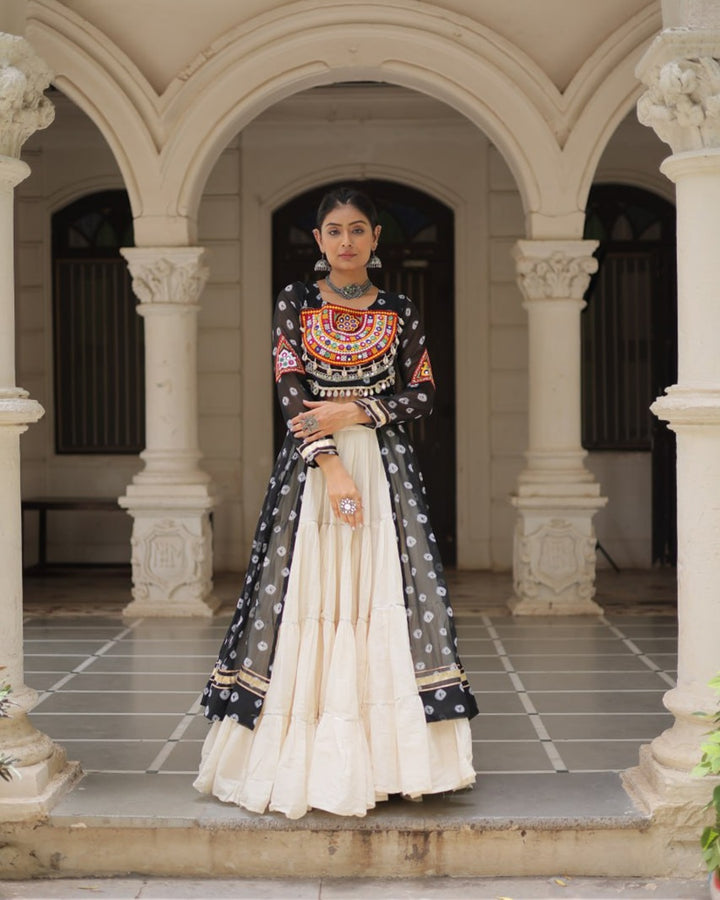 Traditional Black Bandhani Kurti & Cotton Lehenga Set