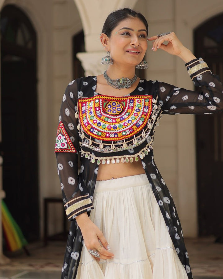 Traditional Black Bandhani Kurti & Cotton Lehenga Set