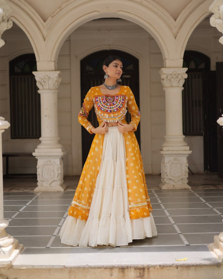 Festive Yellow Bandhani Print Kurti Lehenga Ensemble