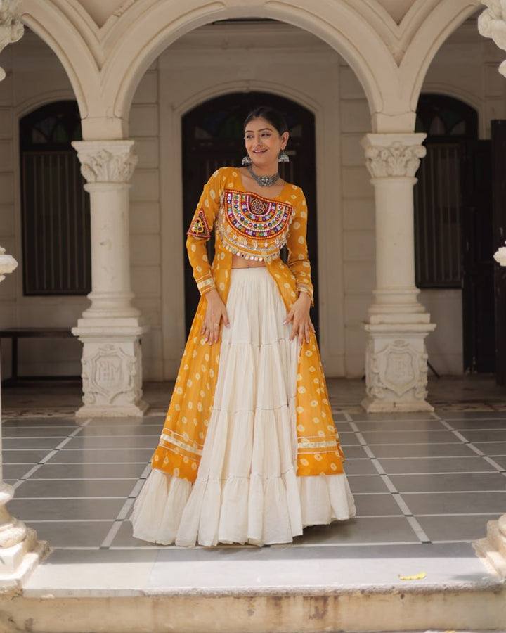 Festive Yellow Bandhani Print Kurti Lehenga Ensemble