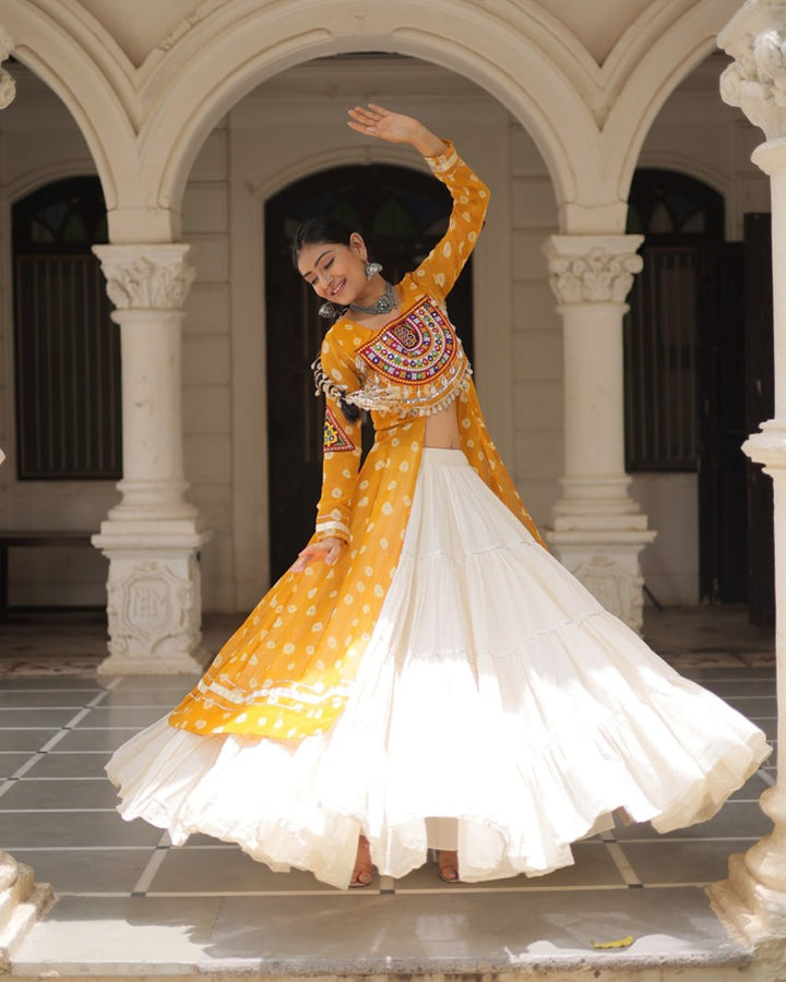 Festive Yellow Bandhani Print Kurti Lehenga Ensemble