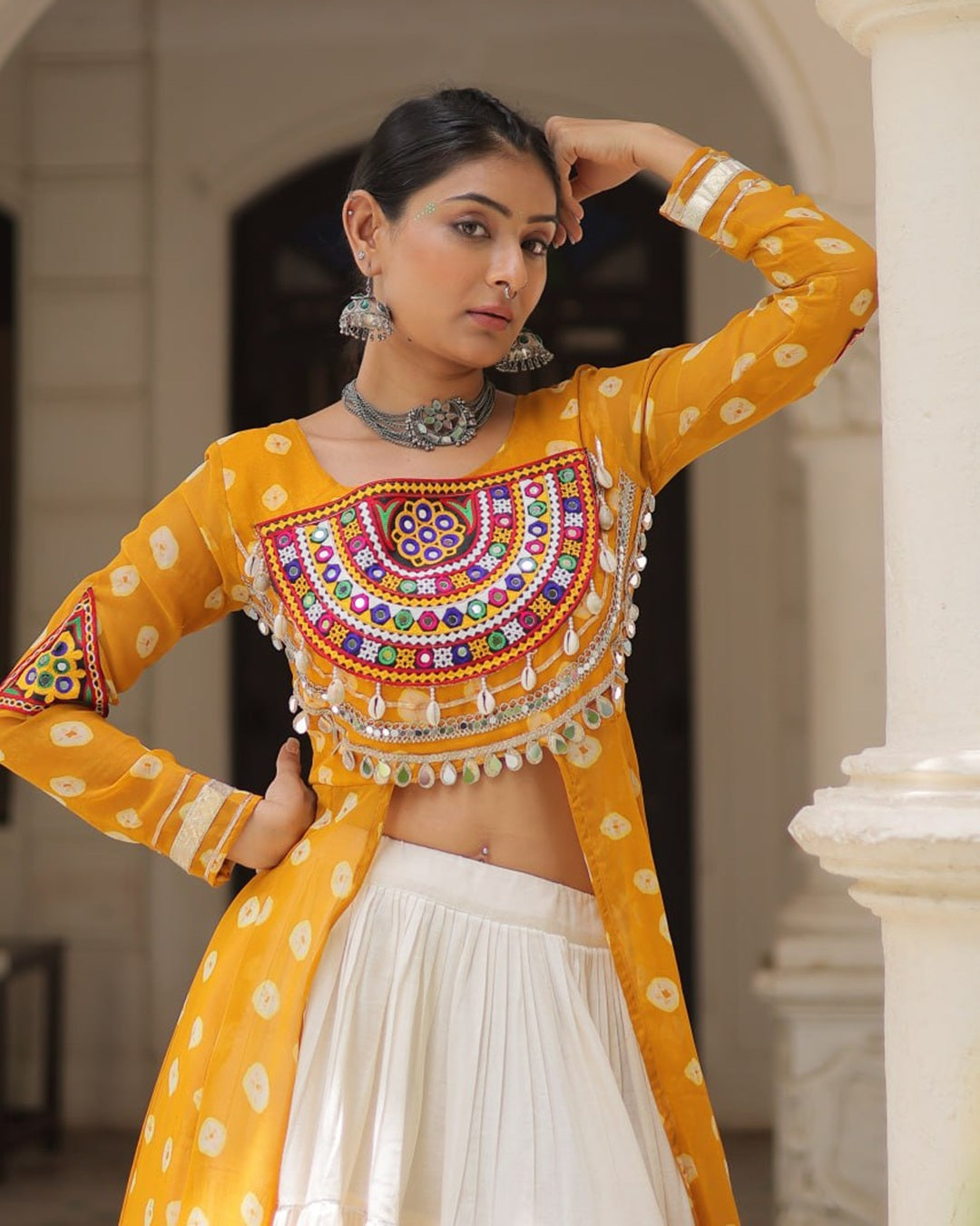 Festive Yellow Bandhani Print Kurti Lehenga Ensemble