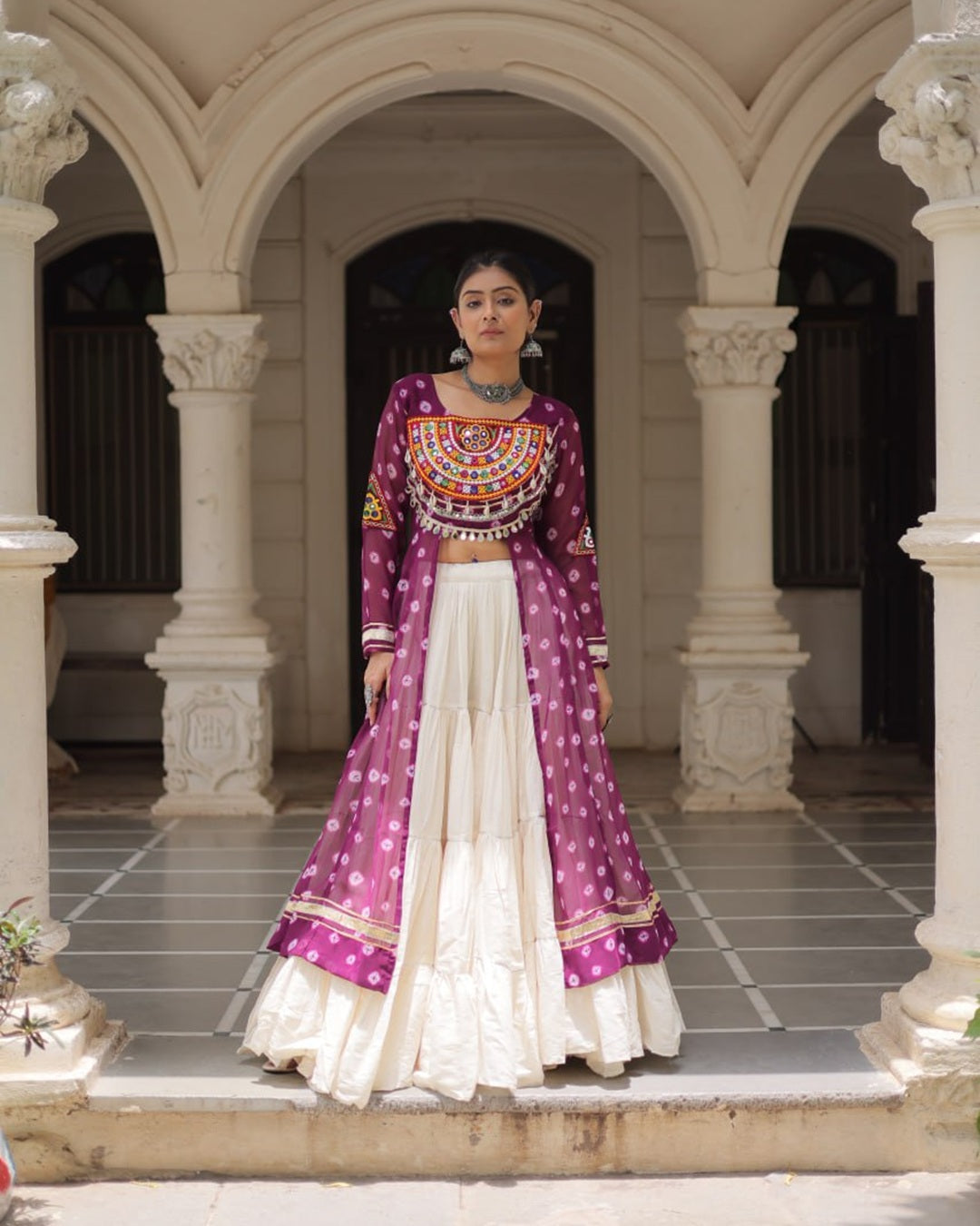 Festive Purple Bandhani Kurti with Kora Cotton Lehenga