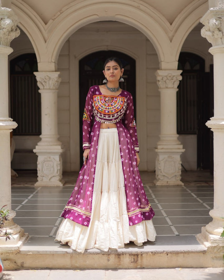 Festive Purple Bandhani Kurti with Kora Cotton Lehenga