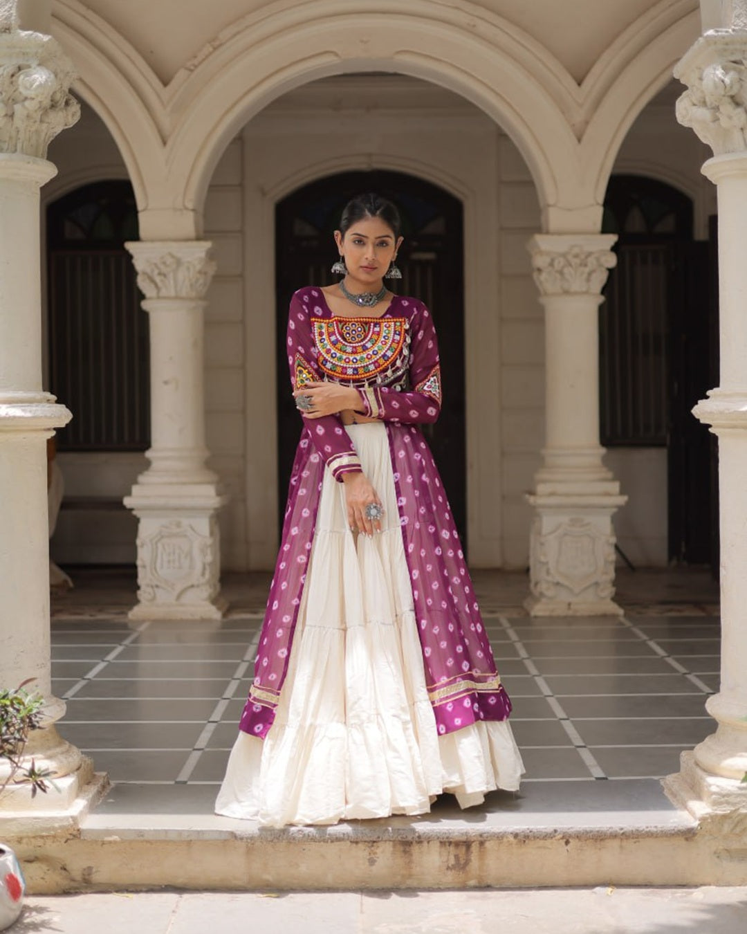 Festive Purple Bandhani Kurti with Kora Cotton Lehenga