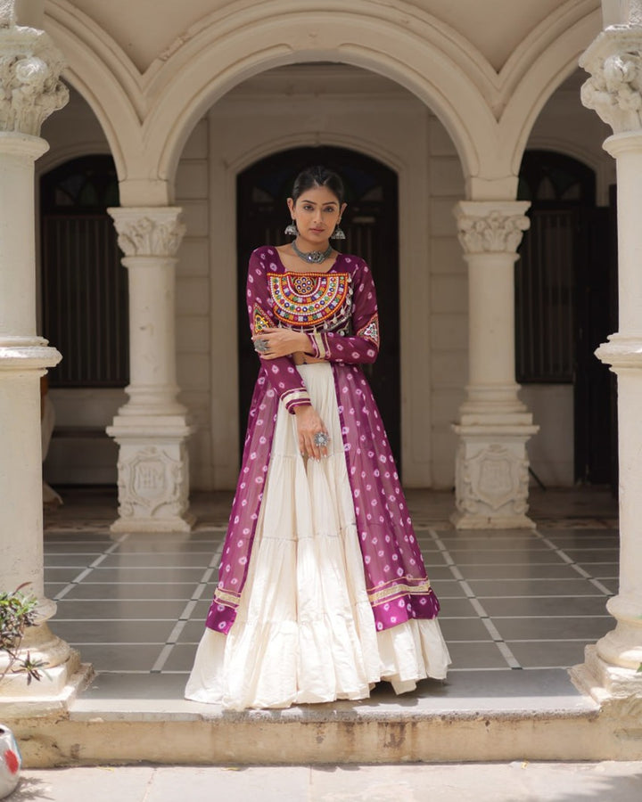 Festive Purple Bandhani Kurti with Kora Cotton Lehenga