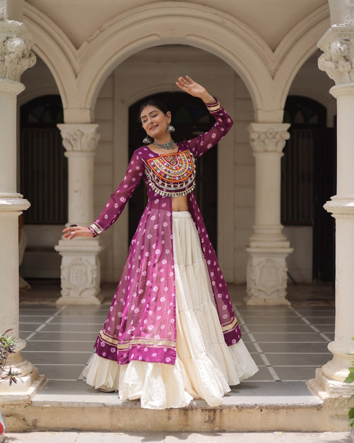 Festive Purple Bandhani Kurti with Kora Cotton Lehenga