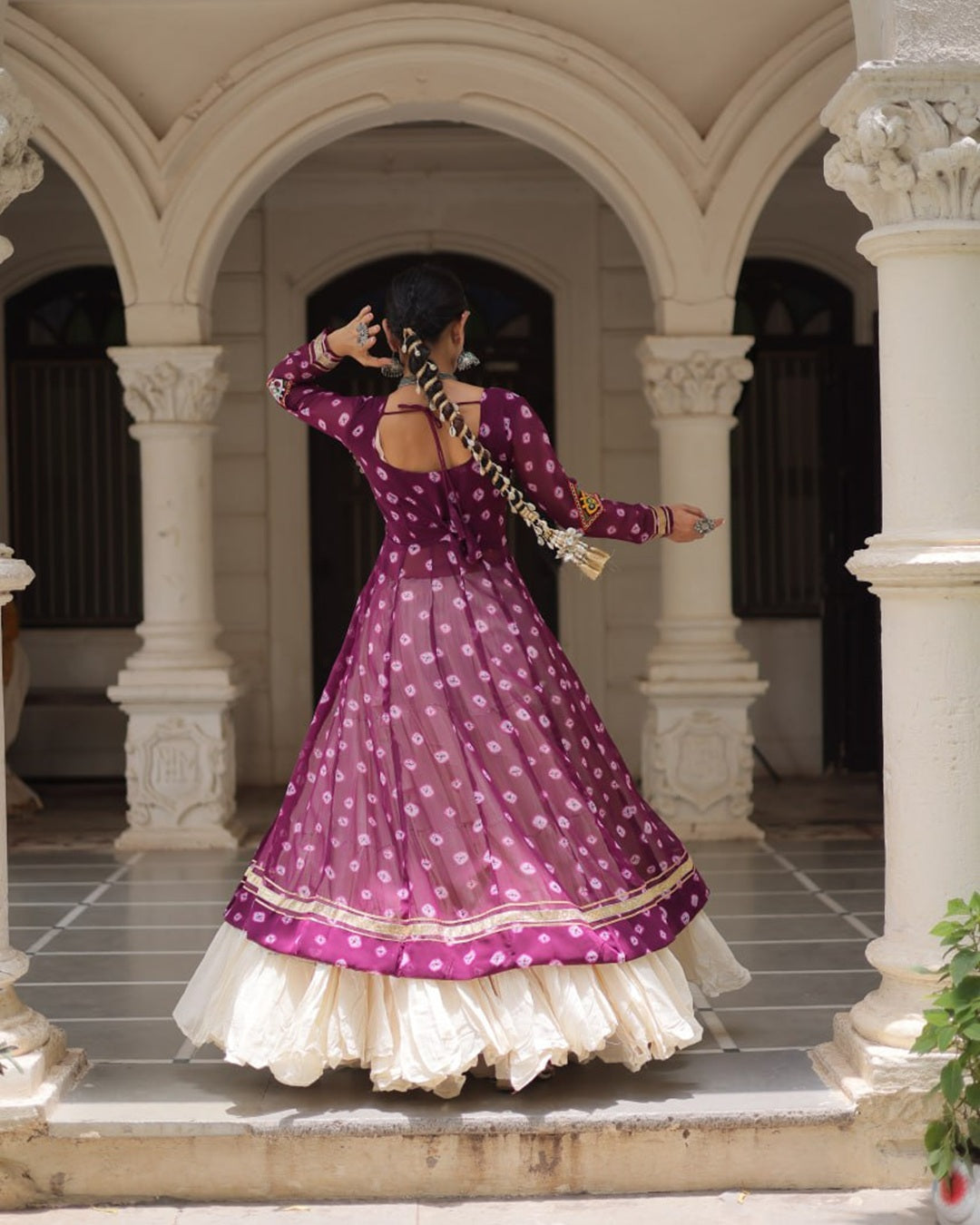 Festive Purple Bandhani Kurti with Kora Cotton Lehenga