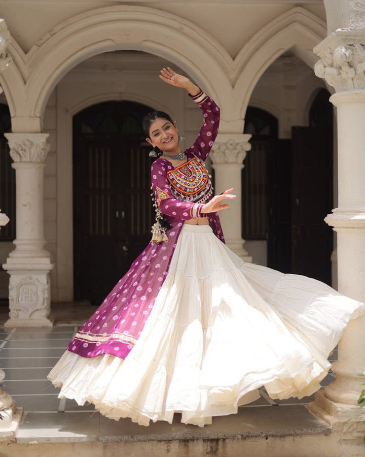 Festive Purple Bandhani Kurti with Kora Cotton Lehenga