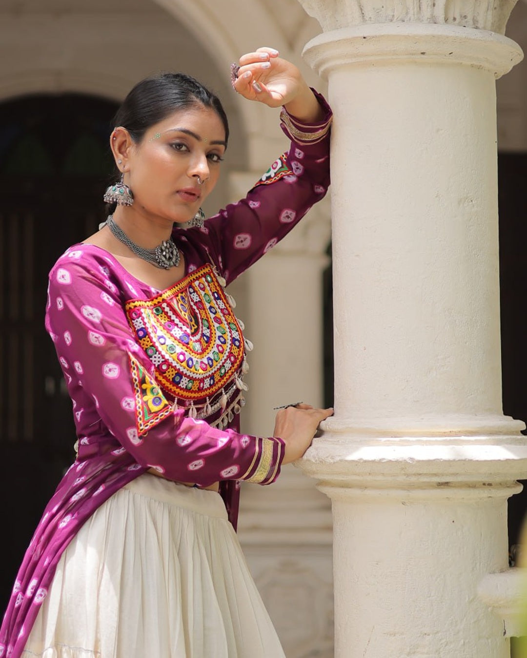 Festive Purple Bandhani Kurti with Kora Cotton Lehenga