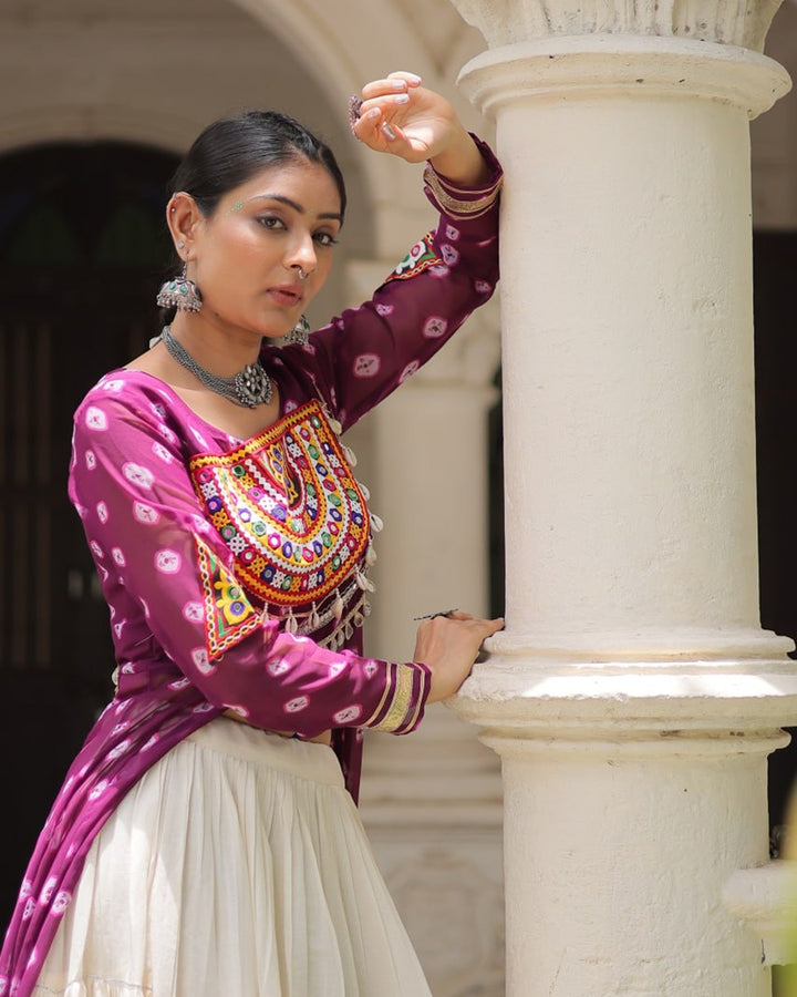 Festive Purple Bandhani Kurti with Kora Cotton Lehenga