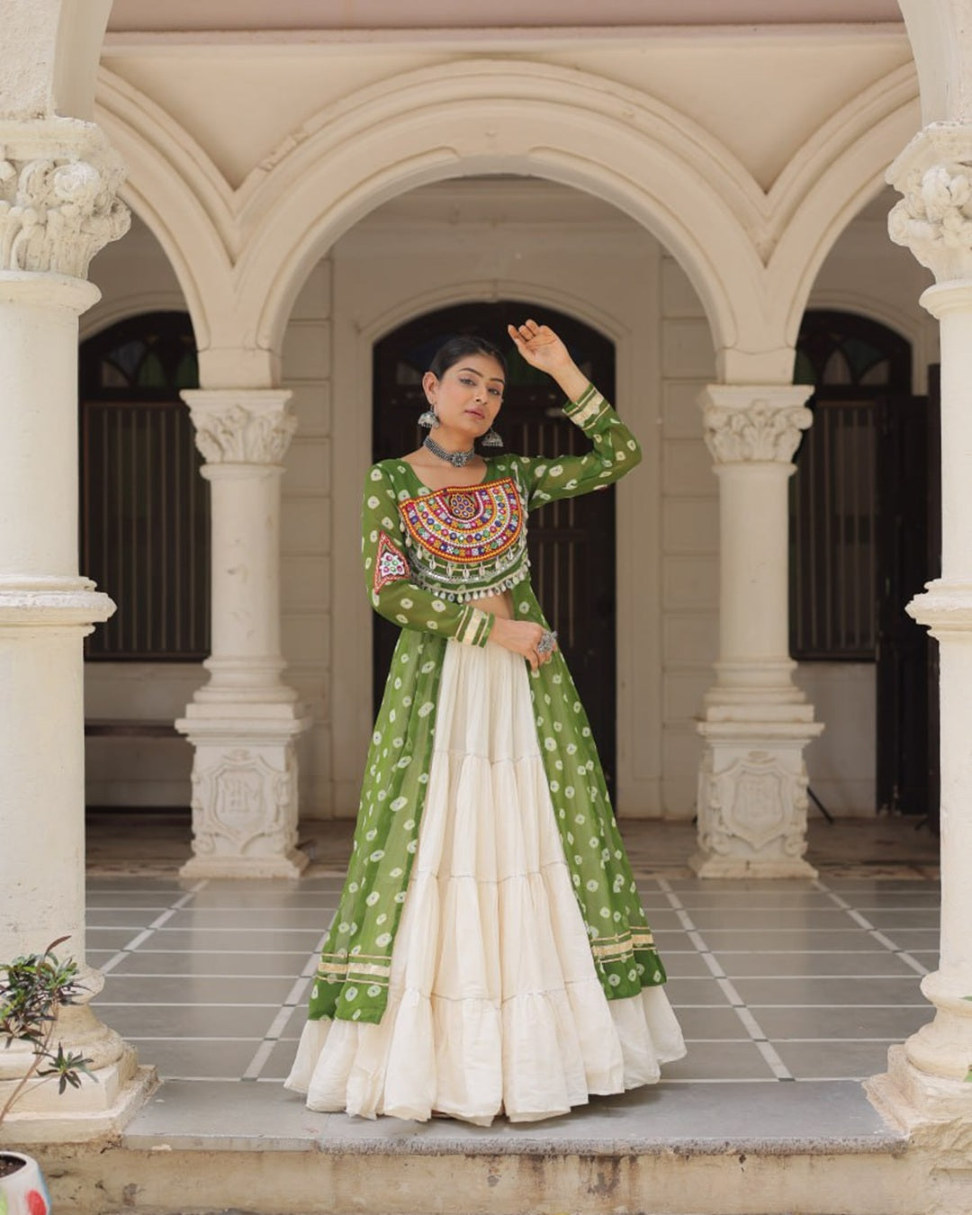 Traditional Parrot Green Bandhani Kurti with Cotton Lehenga