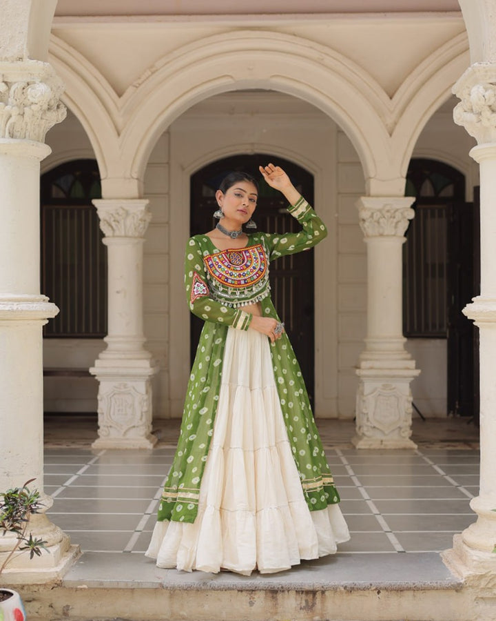 Traditional Parrot Green Bandhani Kurti with Cotton Lehenga