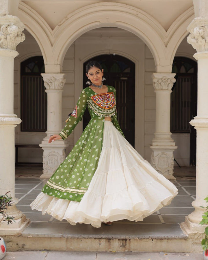 Traditional Parrot Green Bandhani Kurti with Cotton Lehenga
