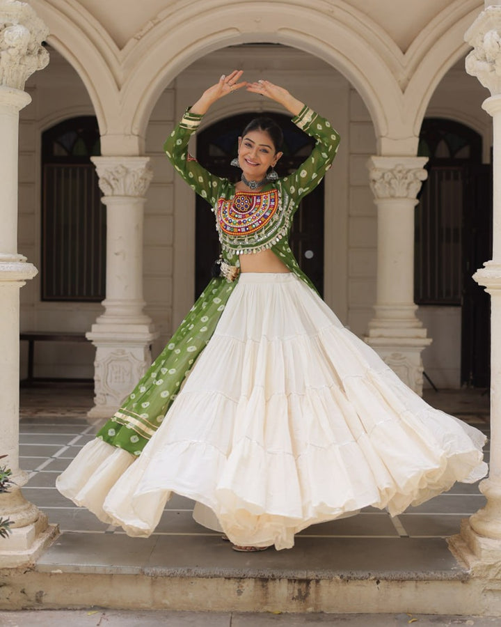 Traditional Parrot Green Bandhani Kurti with Cotton Lehenga