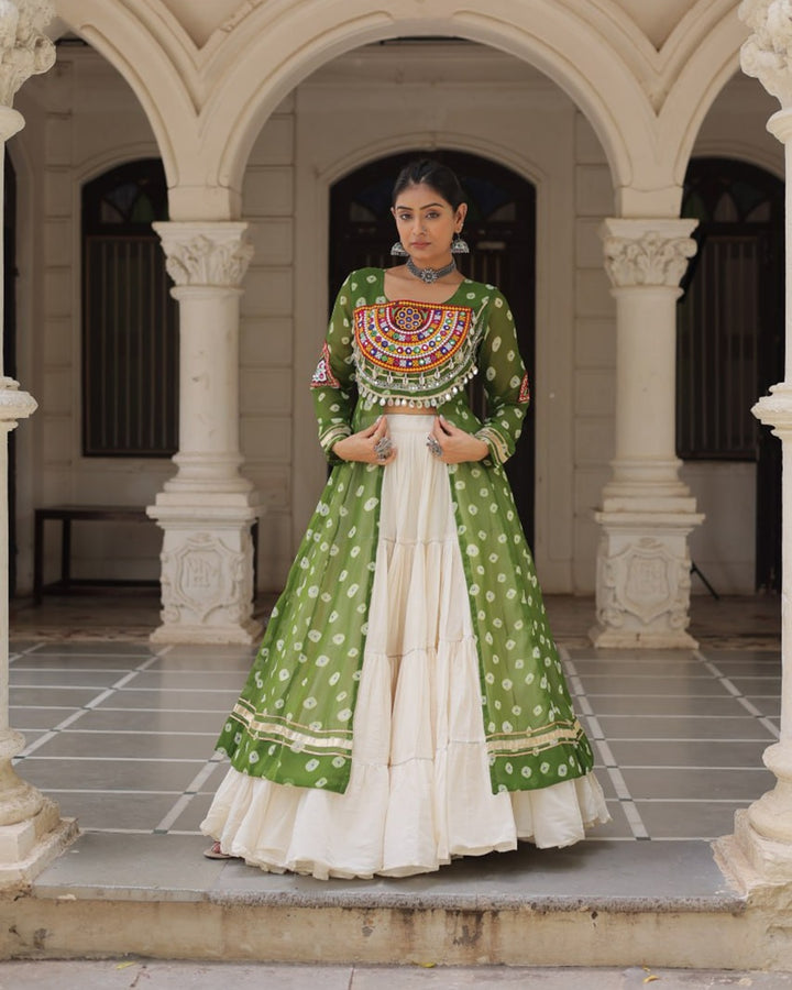 Traditional Parrot Green Bandhani Kurti with Cotton Lehenga
