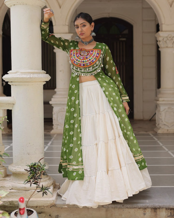 Traditional Parrot Green Bandhani Kurti with Cotton Lehenga