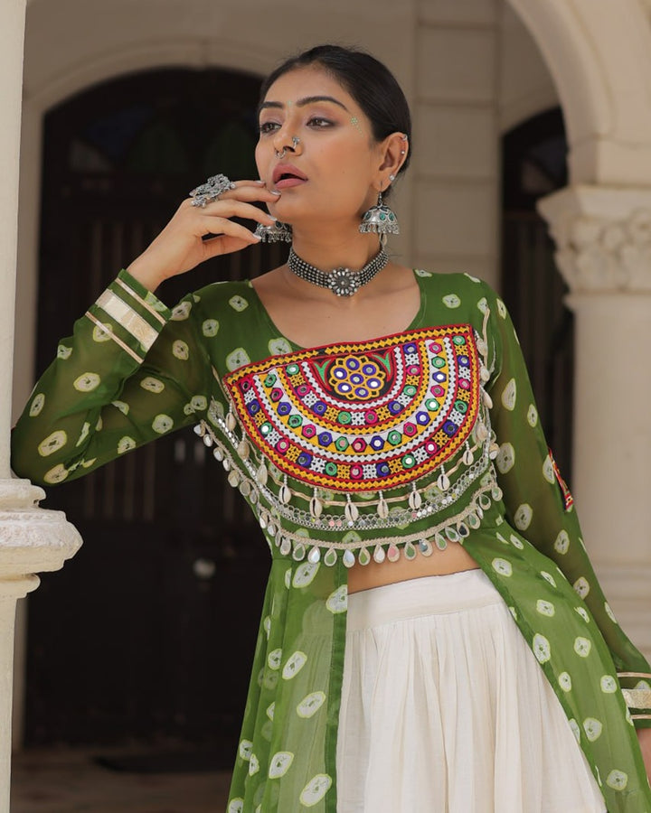 Traditional Parrot Green Bandhani Kurti with Cotton Lehenga