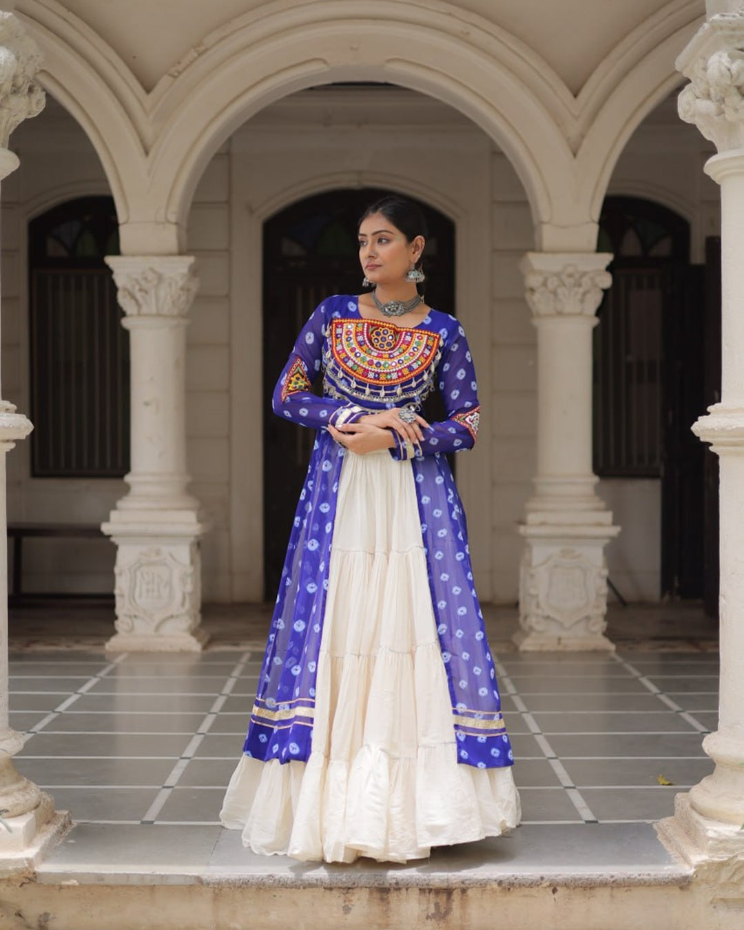 Festive Blue Bandhani Print Kurti Lehenga Ensemble