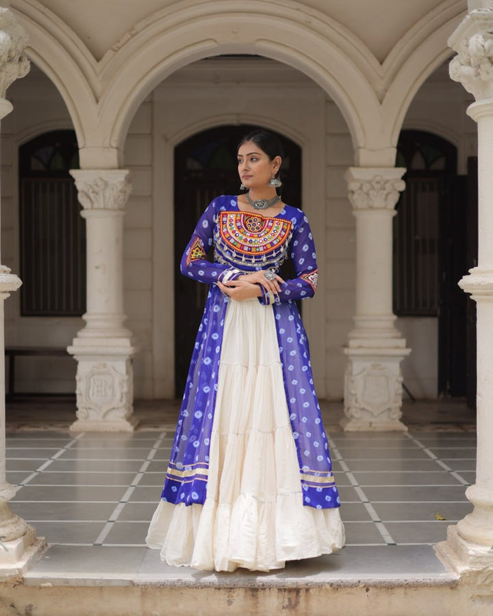 Festive Blue Bandhani Print Kurti Lehenga Ensemble
