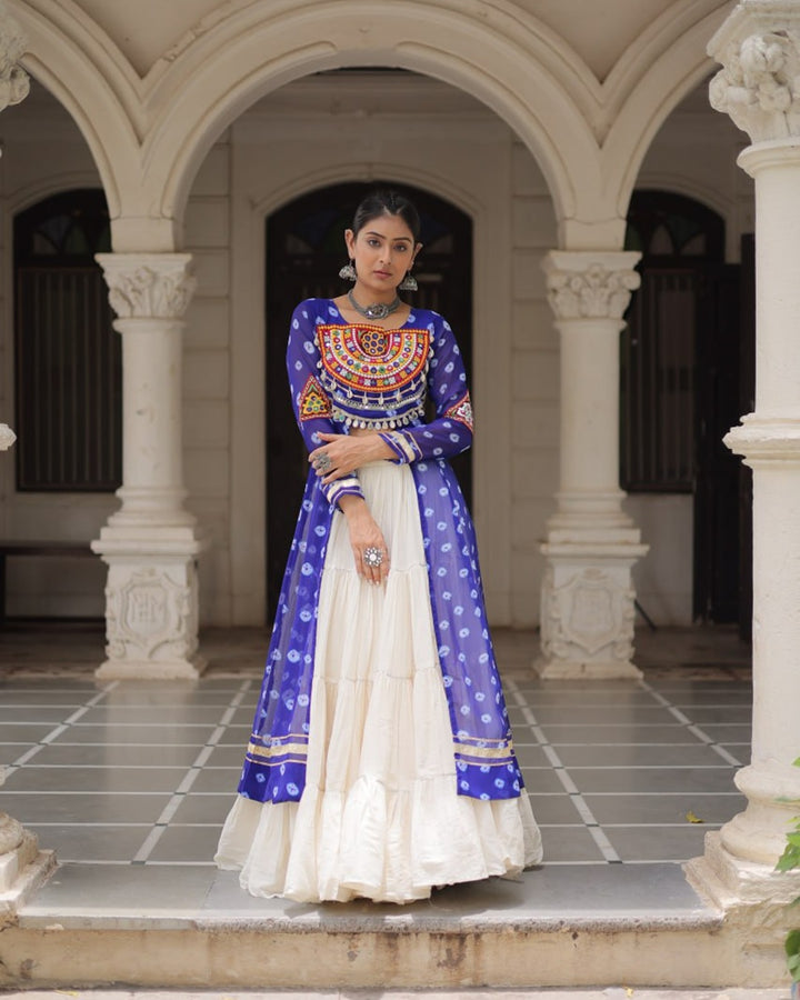 Festive Blue Bandhani Print Kurti Lehenga Ensemble