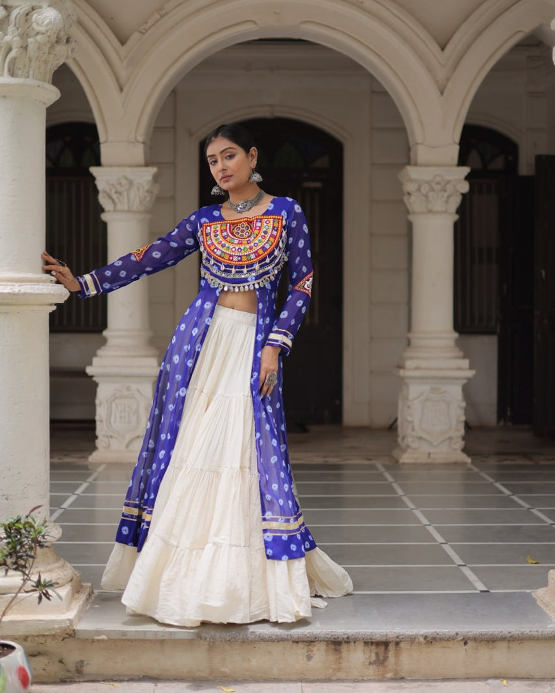 Festive Blue Bandhani Print Kurti Lehenga Ensemble