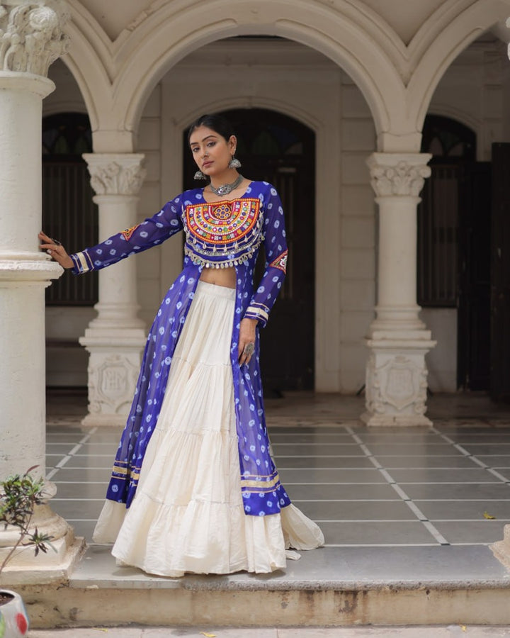 Festive Blue Bandhani Print Kurti Lehenga Ensemble
