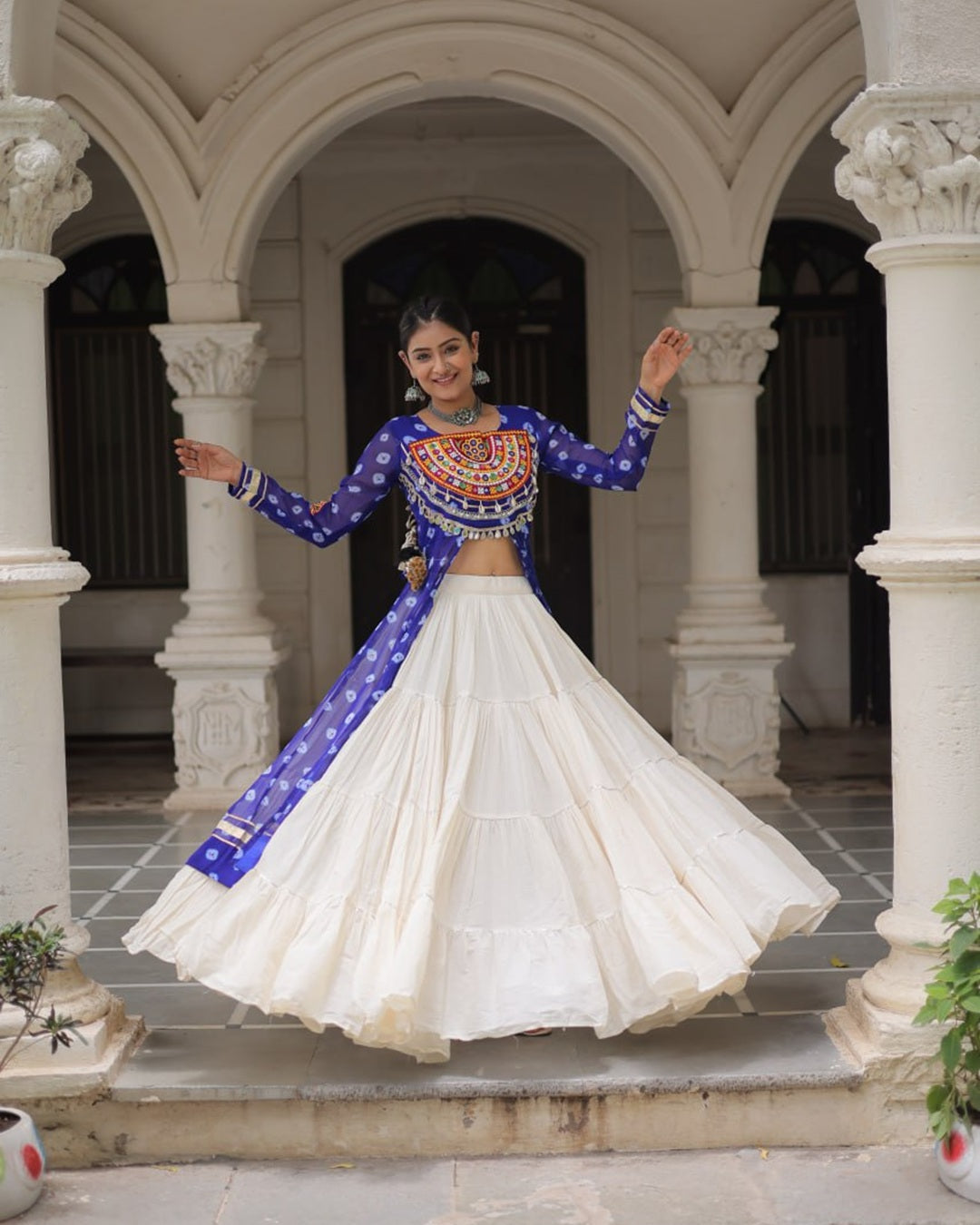 Festive Blue Bandhani Print Kurti Lehenga Ensemble