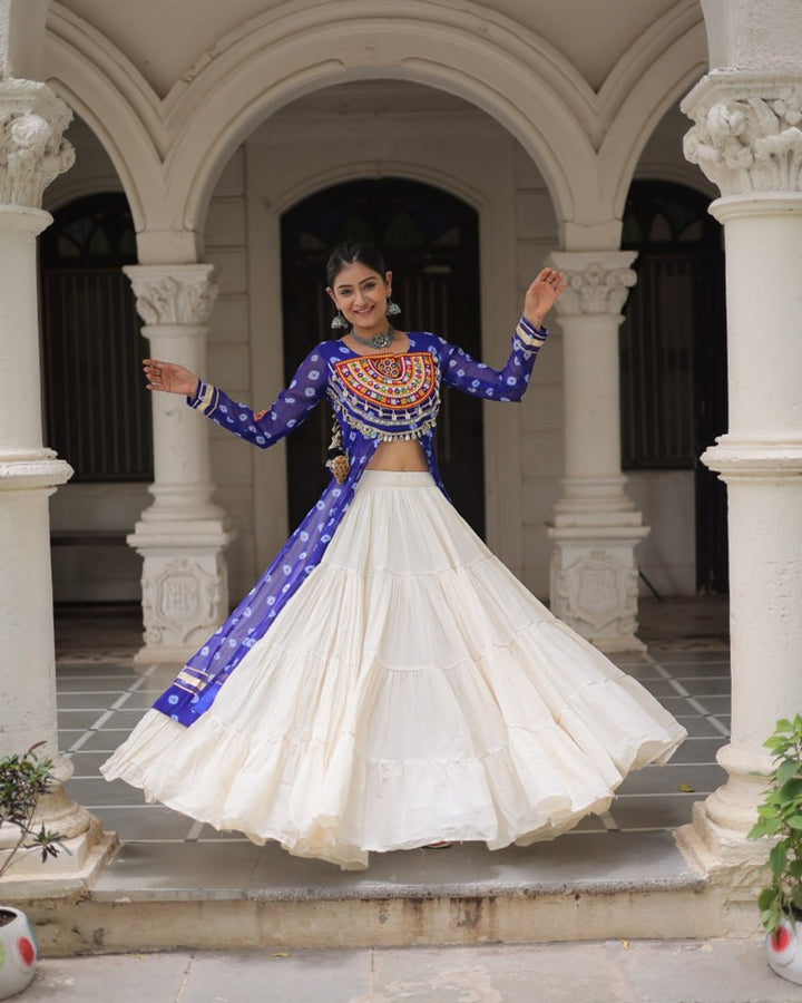 Festive Blue Bandhani Print Kurti Lehenga Ensemble