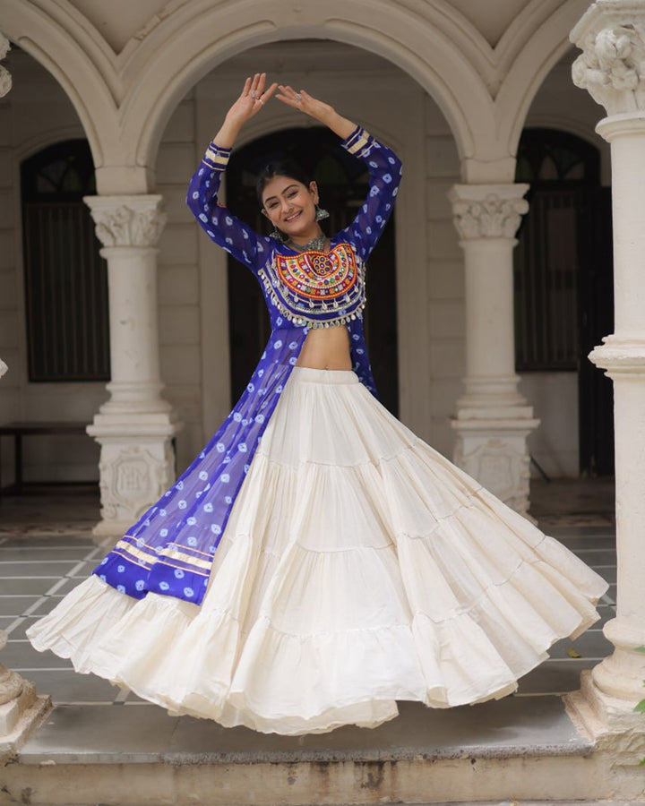 Festive Blue Bandhani Print Kurti Lehenga Ensemble