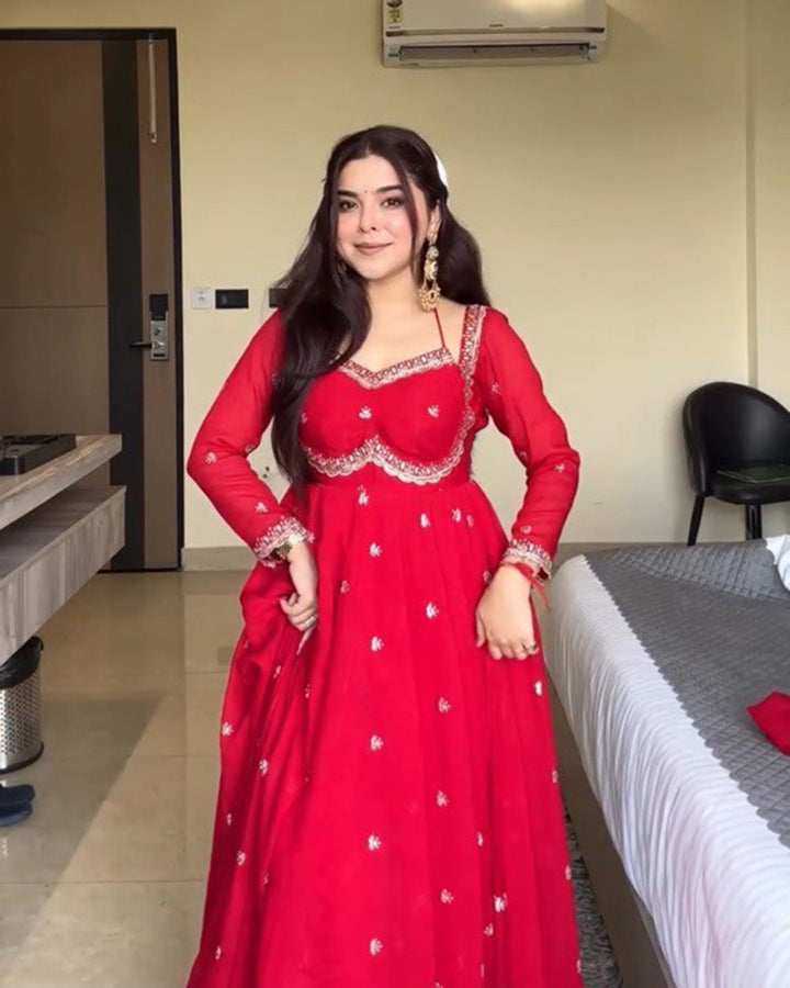Classic Red Sequin Work Apsara Suit Set
