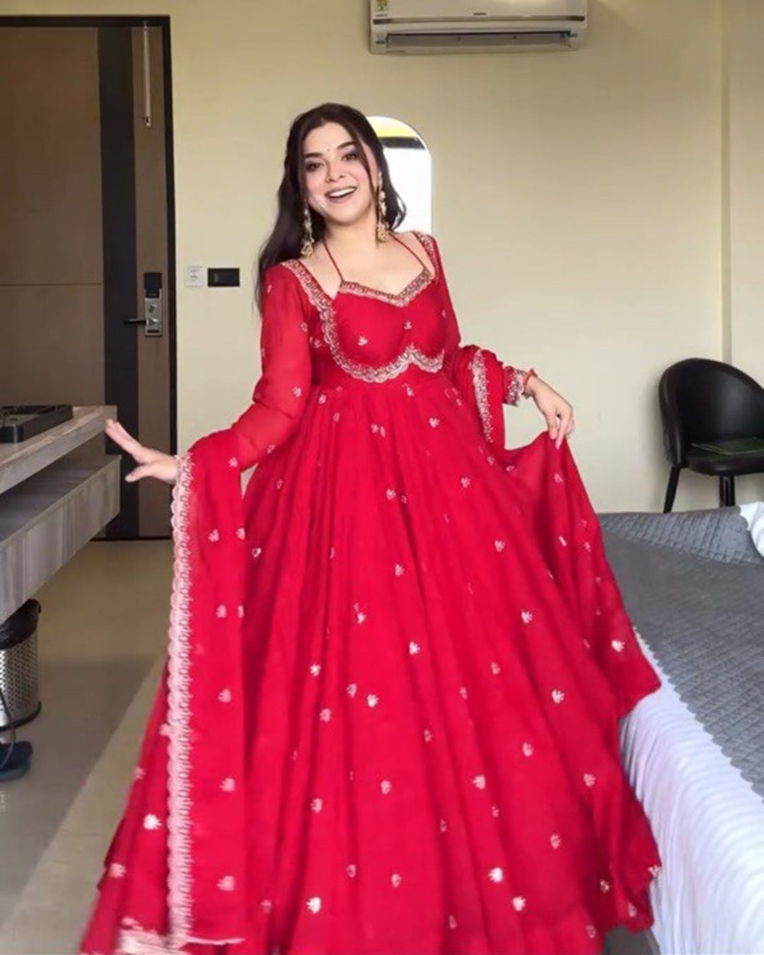 Classic Red Sequin Work Apsara Suit Set