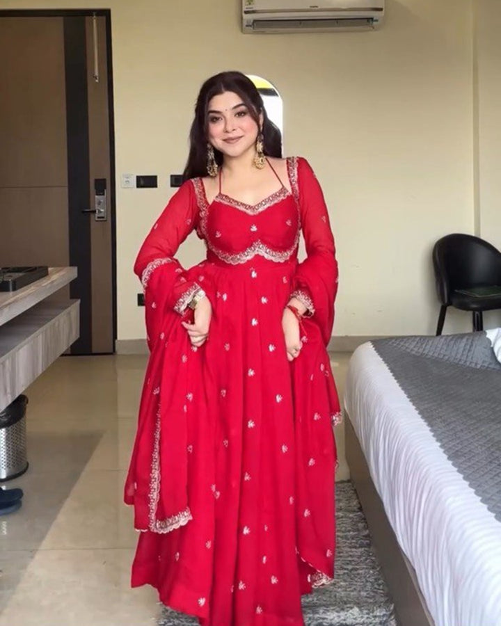Classic Red Sequin Work Apsara Suit Set