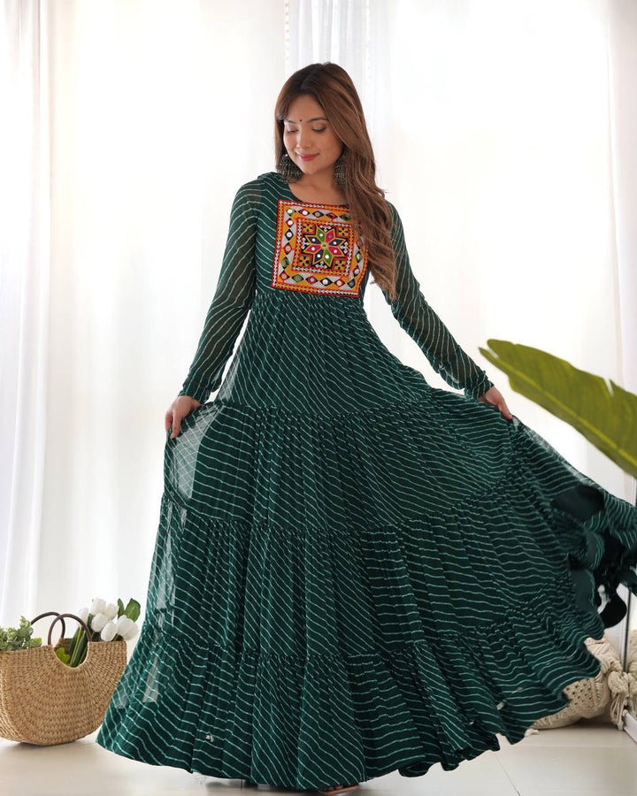 Designer Green Georgette Laheriya Gown for Navratri