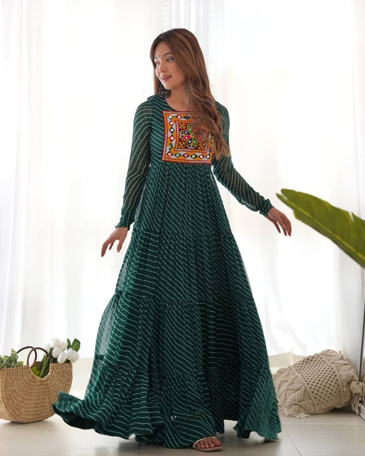 Designer Green Georgette Laheriya Gown for Navratri