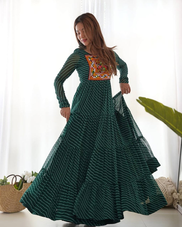 Designer Green Georgette Laheriya Gown for Navratri