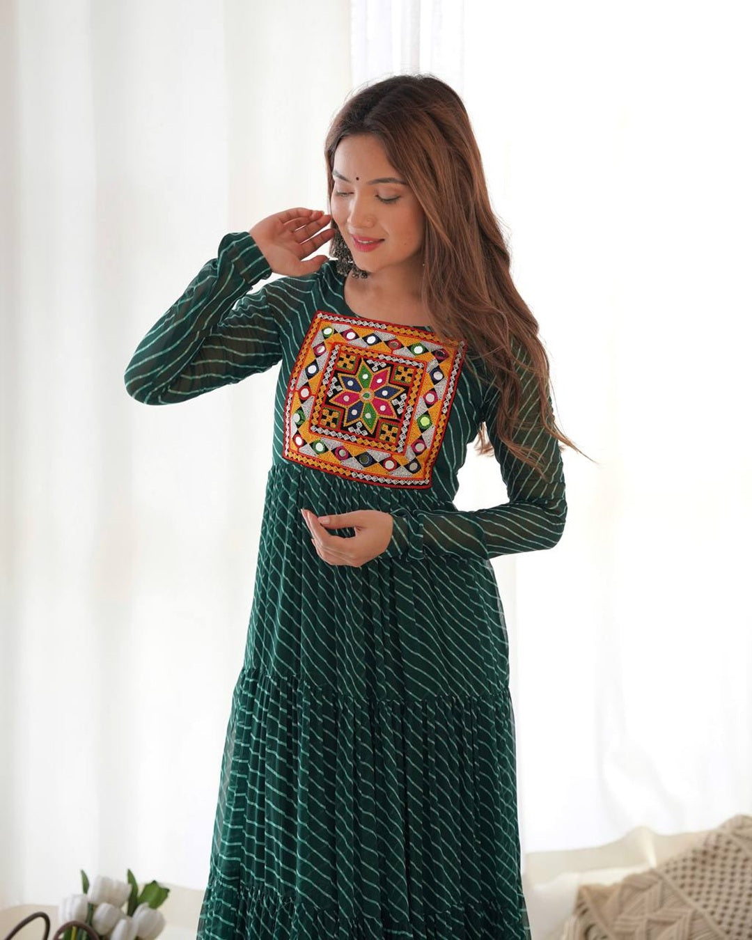 Designer Green Georgette Laheriya Gown for Navratri