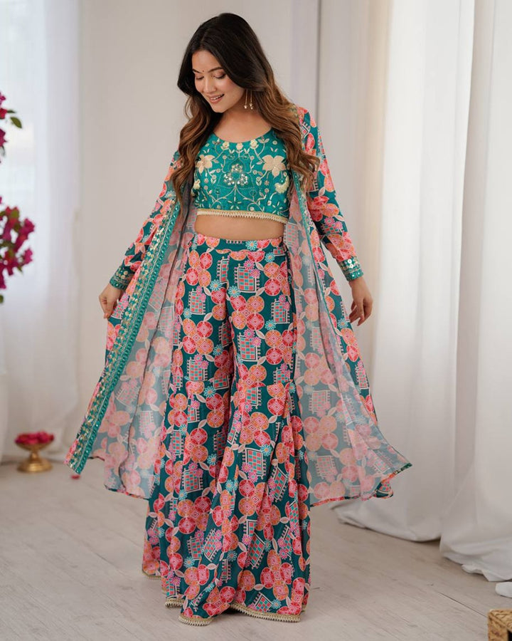 Elegant Rama Indo Western Muslin Dress with Digital Print & Sequin Work