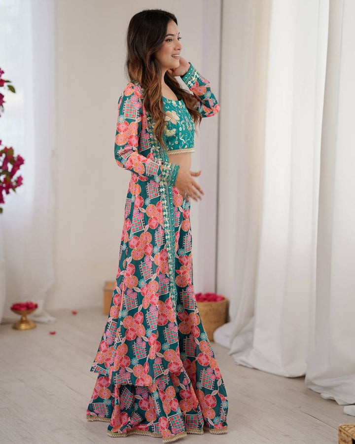 Elegant Rama Indo Western Muslin Dress with Digital Print & Sequin Work
